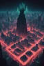 Placeholder: a dystopian city from extreme distance in the shape of an image of Moloch, neon