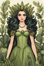 Placeholder: dark haired, dark eyed, fair skinned plant princess wearing green