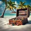 Placeholder: Pirates treasure chest cracked open and overflowing with jewelry and jewels half buried in the sand of a tropical island, palm trees in background, azure waters dramatic, digital photography, realistic