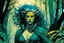 Placeholder: create a wildly conceptual closeup full body print illustration of a feral female mage with highly detailed hair and feminine facial features, in an ethereal, otherworldly ,ancient summer forest , in the comic book art style of Bill Sienkiewicz, Mike Mignola, Sparth, and Jean Giraud Moebius, finely textured, drawn, colored, and inked, suffused with dramatic natural light and shadow of sunset