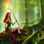 Placeholder: romantic fantasy spray painting, closeup of cute smiling green eyed arab red head robed elven princess bride ,sitting on a branch, loosing torch in magical forest by waterfall