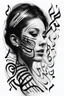 Placeholder: A realistic drawing in negative space black ink on white background of a musical notes and twisted piano keyboard with abstract brushstrokes face tattoos to enhance her face max enrist