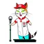 Placeholder: a drawing of a manga cat man with a sports cap and shirt, speaking at a (((lectern))) with a microphone, red, white and black colors, cat white and black colors, microphone in one hand, cat asking