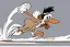 Placeholder: mostly empty space, small character of road runner running towards the right side, leaving behind a cloud of dust. style of looney toons cartoon