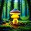 Placeholder: "Close up of a wonderful tiny Mushroom Tower home. Yellow and orange with bright white, deep black and contrasting tones of gray. Illuminated bioluminescent forest. Professional painter, master at composition. small but detailed. broken, blurred background, voluminous lighting"