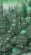 Placeholder: A grayish mint colored ancient African cyberized city made out of steel painted by Gustav Klimt