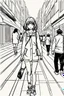 Placeholder: girl walk on the streets, manga style, line arts illustration