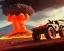 Placeholder: wide angle of Gi joe driving A lunar armored rover with tracks and claw and orange, troops, Violently Erupting volcano in background, White headlights