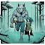 Placeholder: carrying a blacksmith's anvil an dark gray body hair anthropomorphic wolf-man hybrid and pale gray body hair anthropomorphic wolf-female hybrid in a blue-green meadow, in the background trees with huge trunks rainy day, high contrast, high detail, atmospheric, dark fantasy, sci-fi atmosphere