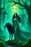 Placeholder: In the heart of a dense and enigmatic forest with towering ancient trees cloaked in emerald foliage stood a bewitching sorceress possessing an ethereal allure her lustrous hair cascading in ebony waves down to her slender waist that turns into roots In the background a faithful companion a majestic canine of Belgian shepherd lineage roamed at her side its eyes illuminated by an otherworldly crimson glow exuding an aura both mysterious and demonic