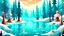 Placeholder: cartoon illustration: beautiful magic frozen lake with pines and magic creatures