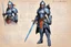 Placeholder: ConceptSheet blueprint [illustration by Angus McBride] female fire paladin Loadout Concept: helmet, armour, and weapons with their blueprint: zweihander sword, and all the package of a knight