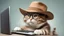 Placeholder: very clever cat with glasses and panama hat playing computer games