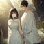 Placeholder: anime couple with day on one side night on the other, stormy night on one half, sunny day on the other half,ballancing scale, couple is standing back to back, female is gorgeous wearing white dress