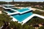 Placeholder: algarve in quinta do lago, one straight line building of 250 meters long pool, a straight line modern luxury architecture with wood and gold metallic pergolas with pool on rooftop, on a slope with pinus pinea, a road wrap around for low speed veicular road