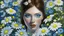 Placeholder: Oil painting of a woman with light skin and dark hair, surrounded by a dense vegetation of white and yellow daisies and small blue flowers, creating a floral setting around her face. Two white butterflies with blue spots are located among the flowers, one near her left temple and another on the right side of the composition. The woman has dark blue eyes, freckles, and blue lips. Her face features small, whimsical details, such as a small caterpillar near her left eye, a heart drawn on her cheek,