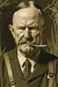 Placeholder: President Calvin Coolidge painted as a farmer with his mouth gagged with pitch fork eye covered with hands