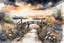 Placeholder: Urban sketch of a beautiful forest in ink and watercolor, storm clouds, full sunset, flowers, kurved path, old wood bridge, gull Modifiers: beautiful award winning