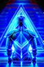 Placeholder: neon blue, floating triangle of light orbiting behind the back, cyber armor, geometric patterns on armor, male, orbiting triangle