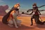 Placeholder: antropomorphic ninja cat fighting with a sheik in the desert in sunshine