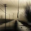 Placeholder: A photo of a empty road on a misty day. Telegraph poles and wires. Dark Sepia tones. With blotches.