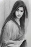 Placeholder: Pencil sketch of Young woman, Arab features,sad, long wavy hair, reading a book, full body، on lined paper