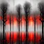 Placeholder: Glitch in the Matrix silhouette of tall dark trees, black, gray colors, surreal, foggy, mesh, red-gray-orange background, painted, lacy pattern melting, dreamlike scene, blurred with wet ink, masterpiece