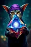 Placeholder: airbrush with pen outline, gremlin cat pimp holding a big reflective prismatic pyramid with orb containing plasma in the style of Escher , bokeh like f/0.8, tilt-shift lens 8k, high detail, smooth render, down-light, unreal engine, prize winning