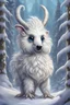 Placeholder: A cute looking, soft fluffy white furred, medium height mutant mammal with a snout-like long snout, big eyes, tassel ears, a chibi fantasy creature. Tundra forest , snow in the background. sharp focus, intricate details, masterpiece