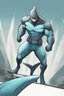 Placeholder: A superhero suit with a sleek and powerful, with a shark-inspired design. It would have a dark blue colour scheme, sharp lines, and a fin-like cape, representing his strength and determination.