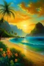 Placeholder: moorea beach stunning sunset turqoise sea color transparent oil painting lots of flowers and palm trees golden sunset