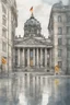 Placeholder: Typical Germany, Reichstag architecture, one small German flag hanging on the facade of the building. There is a street sign at the intersection. People on the street are reflected in a puddle on the asphalt. Watercolor style. 8k quality