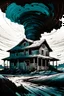 Placeholder: create a dreamscape illustration of a farmhouse hurled aloft in a massive tornado , with highly detailed features, in the comic art style of FRANK MILLER and BILL SIENKIEWICZ, searing lines and forceful strokes, precisely drawn, boldly inked, with gritty textures, dark and dramatic otherworldly lighting