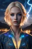 Placeholder: detailed eyes, female russian half elf, curvy, blonde short hairstyle, detailed glowing ornamental magical pattern form fitting robe, glowing gem crackling with lightning implanted on robe, 8k, high detail, lake background, midnight, facing viewer, front facing