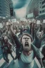 Placeholder: on an extremely large boulevard, a huge very angry crowd protesting, some with their hands in the air, others with placards. All look and run towards the camera. All the faces are angry and scary.