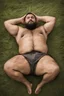 Placeholder: aerial top view half figure shot photography of an ugly 32 year old chubby robust burly turkish carpenter , relaxing in the meadow, , hands behind the head , wearing bulging shorts, shirtless, hairy chest, manly chest, manly legs, serious, very virile, short beard, shaved hair, under the rain, wet, in a rainy day, photorealistic