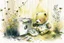 Placeholder: close-up of a cute chibi teddy bear packing piles of white clothes in the forest, laundry machine, grass and flowers next to him, melting watercolour and black ink outlines on wet paper, photorealistic, golden glitters S<AI in sunshine, ethereal, cinematic postprocessing