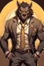 Placeholder: Buff, anthro, wolf, himbo, black fur, gold eyes, wearing a suit, full-body, muscles, strong, muscular, man boobs, bulky, tail, dark fur, smug grin, hands on hips, furry-himbo, broad shoulders, wide hips, big chest, big muscles,