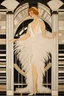 Placeholder: a woman with feathers in an Art Deco foyer by artist "Romain de Tirtoff"