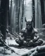 Placeholder: man sitting on a throne in a relaxed laid back style, middle of a snowy forest, muscular athletic physique, wearing a japanese Hannya demon mask over face, cinematic greyish filter