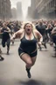 Placeholder: an obese terrified blonde woman in a crossfit outfit desperately running away from an angry mob of thousands of people chasing her down a city street