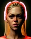 Placeholder: portrait, Shakira, blonde artist, angry, Realistic image, boxing robe, hoodie, mouthguard, face band aid, loose long hair, eyes make up, perfect, glow, circle iris. Rain, fog, Neon colors, leds, geometric shapes. Dark background, photo studio, neon lights. concept art, smooth, unreal engine 5, god lights, ray tracing, RTX, lumen lighting, ultra detail, volumetric lighting, 3d, finely drawn, high definition, 4k.