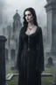 Placeholder: photorealistic slim woman looking like Drusilla in a cemetary with mist and crypts