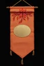 Placeholder: an autumn colored textured cloth banner hanging with embroidered ornamental leaves, blank oval brass engraving plate in middle, banner is downward pointed bottom, on dark background