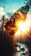 Placeholder: portrait of a butterfly Double exposure surreal digital art of a mysterious , the butterfly in profile, blending seamlessly into the shape of the clouds . a magical forest scene unfolds, illuminated by golden light rays, with tall trees and a flowing river.