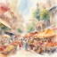 Placeholder: Design a watercolor-inspired illustration of a bustling market scene in a vibrant, exotic city. The composition should be filled with bustling crowds, colorful market stalls, and exotic fruits and spices. The colors should be soft and translucent, blending seamlessly to create a sense of atmosphere and energy.