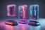 Placeholder: detail shot of 4 plastic gadgets: 3 are grouped together, one stands apart, hyperrealistic 16k, 3d rendering, expressively detailed, dynamic light, neon lighting,