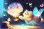 Placeholder: cute chibi fluffy beige bioluminescent cat playing with colorful flying butterflies dynamic movements next to a glowing tiffany lamp in a modern room