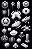 Placeholder: vector monochromatic science-fiction techno cyberpunk icons and symbols in white color displayed on the black background 3D low poly