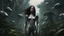 Placeholder: Wide-angle shot of a woman, standing on the right hand side of an alien beach, with dark hair in a silver robotic catsuit, many floating aliens with long tentacles, alien jungle trees in the distance detailed matte painting, deep colour